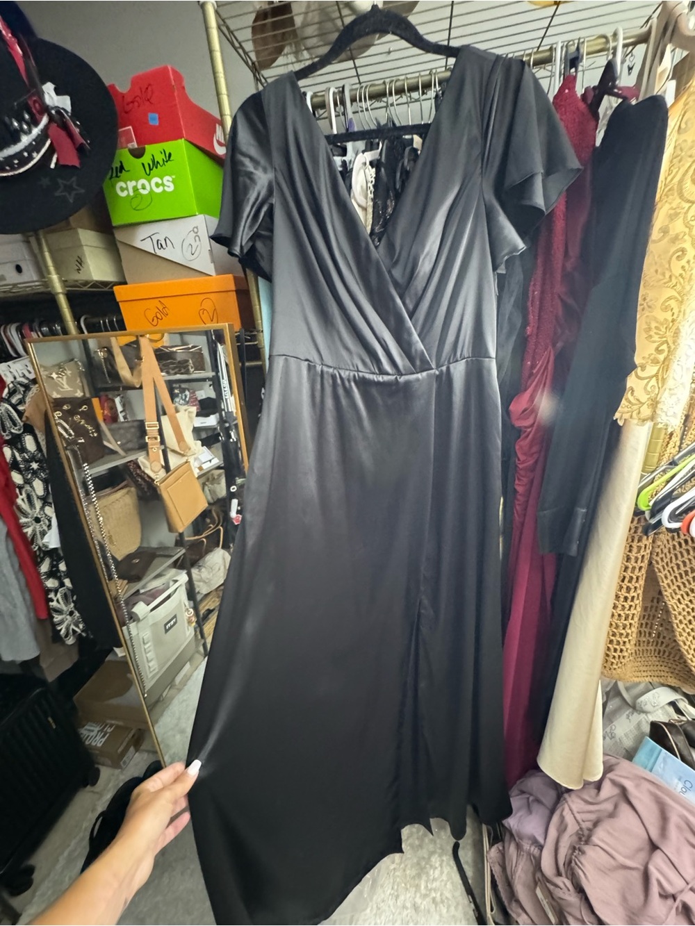 David's Bridal Black Satin V-Neck Midi Dress
